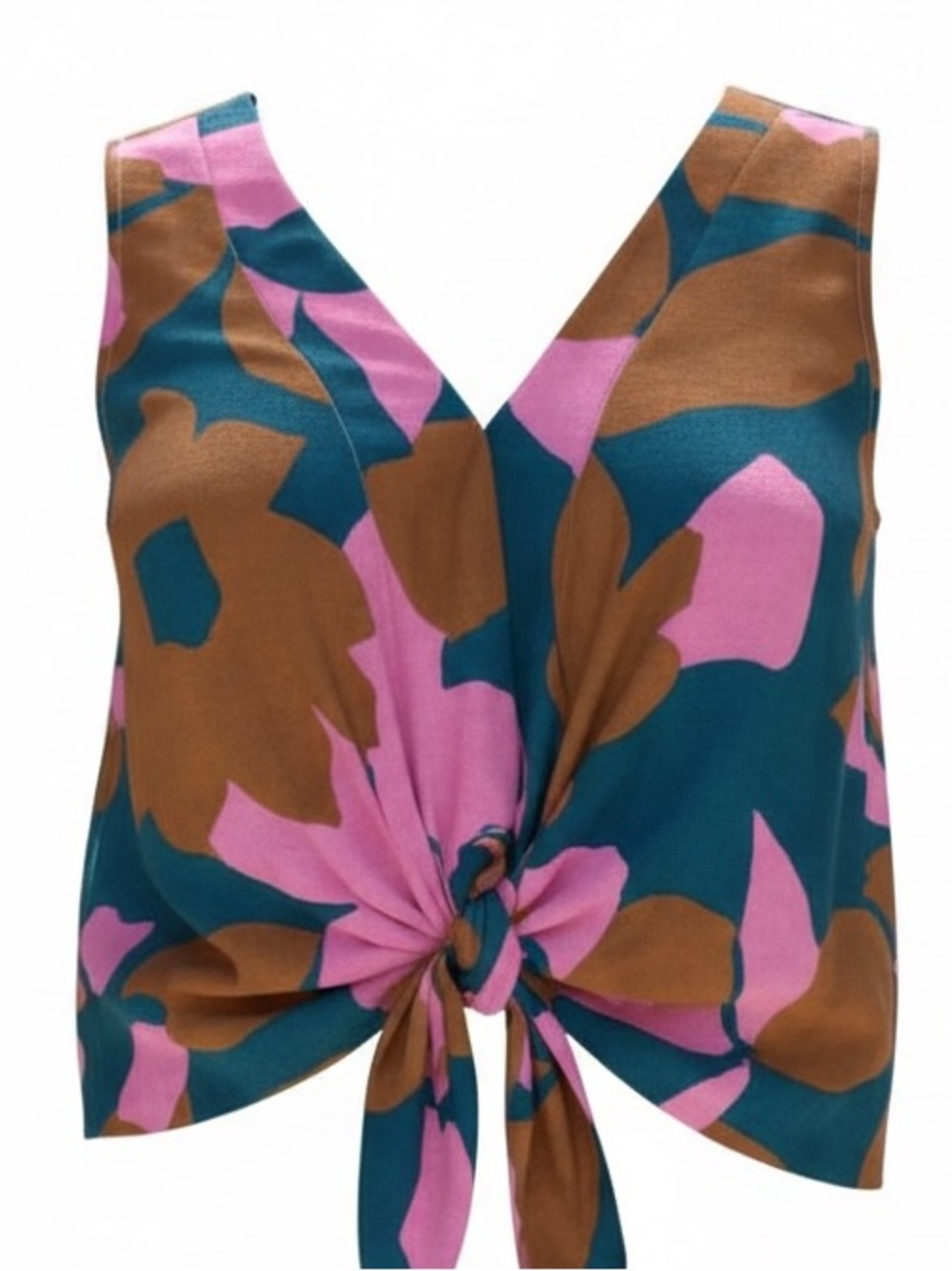 Allison Joy Floral Tie-Front Sleeveless Top in Teal/Pink/Brown size XL
